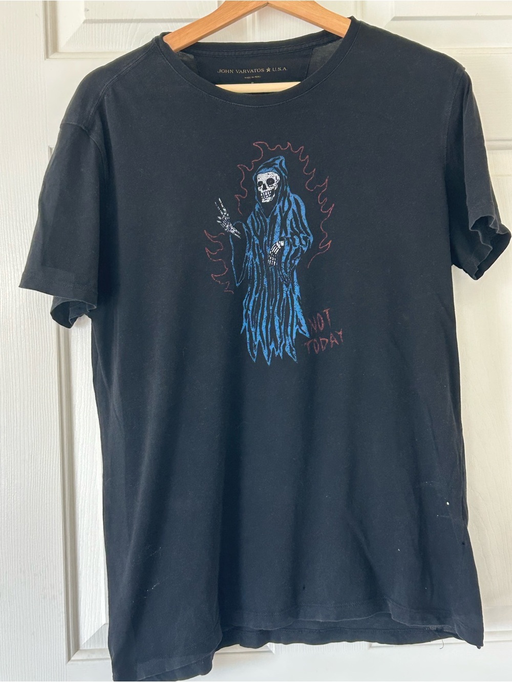 John Varvatos Black Tee with Blue Hooded Skull and Red Accent